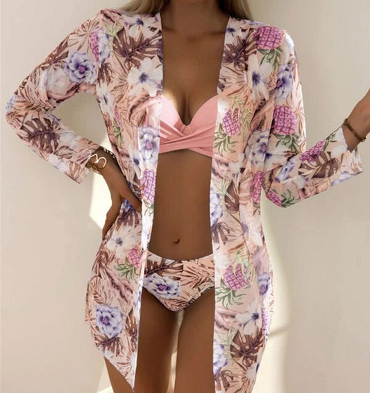 Three-piece long  blouse sleeve separate bikini swimsuit bikini